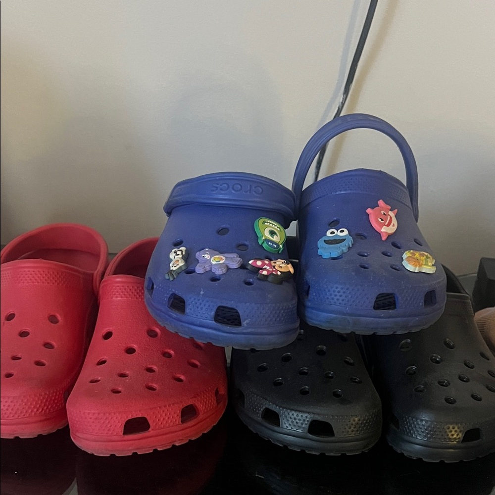 Crocs- Blue, Red, and black